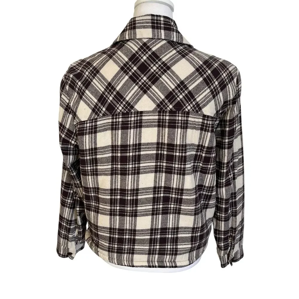 Lucky Brand Women's Jacket Shacket Size Small Sherpa Lined Crop Snaps Plaid
